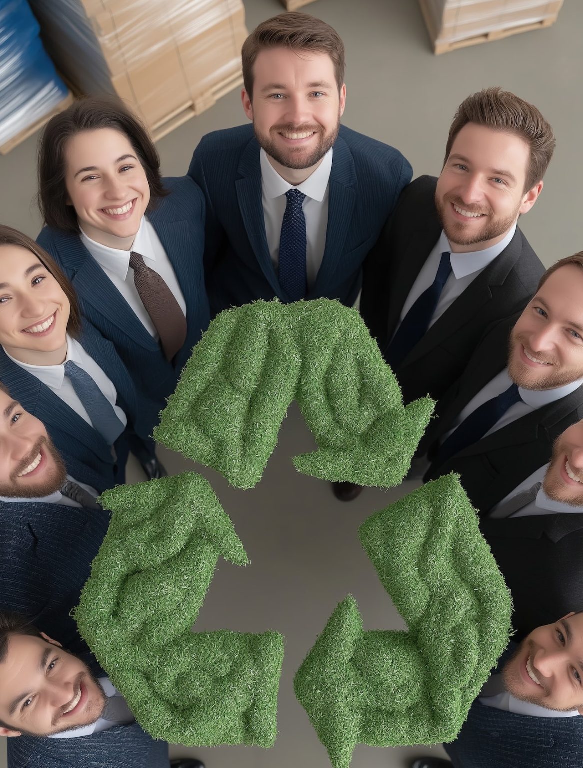 A group of men and women are holding a green recycling symbol